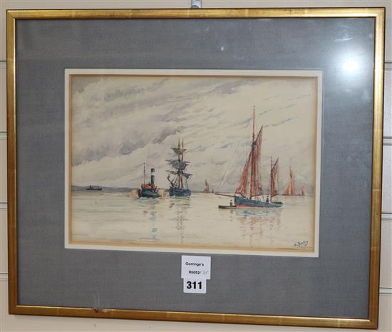 E. Spiller, watercolour, Shipping on an estuary, signed, 23 x 33cm